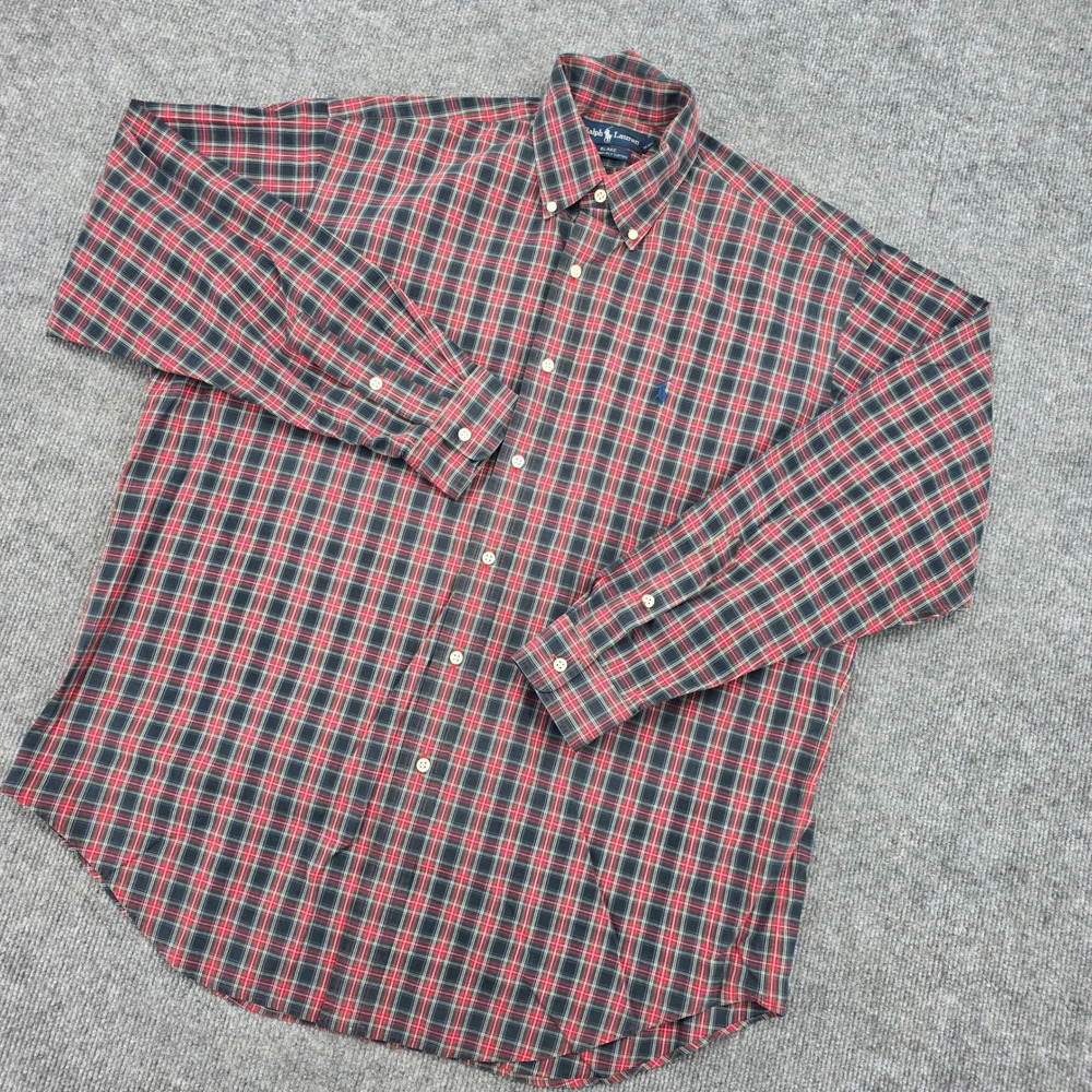 Ralph Lauren Blake Mens Large Plaid Button Down Shirt Red Navy 100% Cotton LS